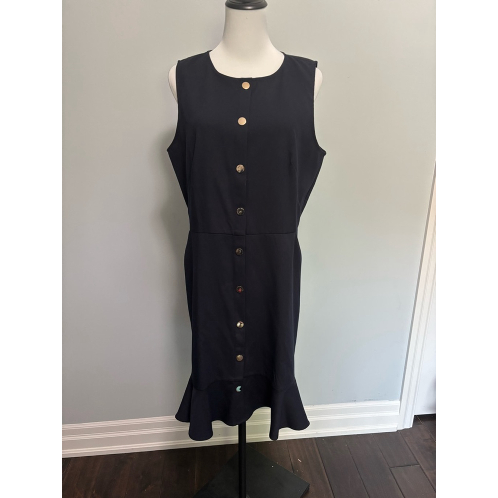 Women's LOFT Sleeveless Dress with Gold Buttons and Ruffle Hem